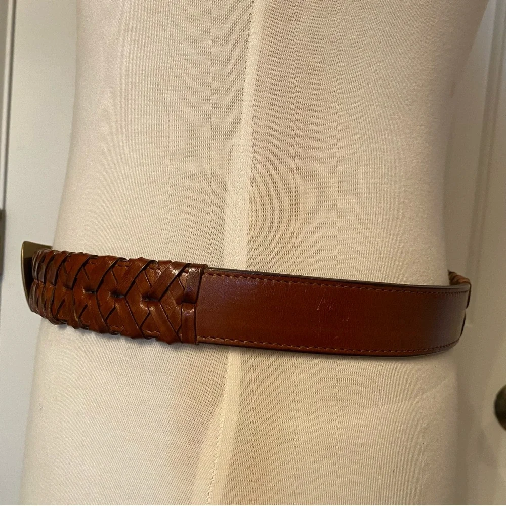 TORINO BELT BROWN LEATHER WOVEN & SMOOTH USA GOLD TONE ITALY BUCKLE SIZE 38